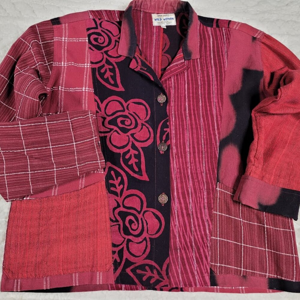 Wild Thing Wild Woman of CA Patchwork Blazer Jacket Hand Made Art Batik Sz S/M